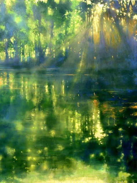 River Painting, Dappled Light, Green Paintings, Water Reflections, Abstract Art Landscape, Painting Digital, Painting Inspo, Water Painting, Green Art