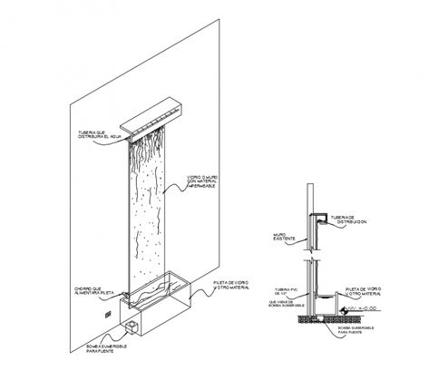 Wall with waterfall detail dwg file. .A waterfall is a place where water flows over a vertical drop in the course of a Wall Making.Wall Structure with water fall Detail autocad format. Outdoor Water Wall, Water Wall Diy, Water Scape, Indoor Waterfall Wall, Diy Waterfall, Wall Structure, Kolam Air, Outdoor Wall Fountains, Water Wall Fountain