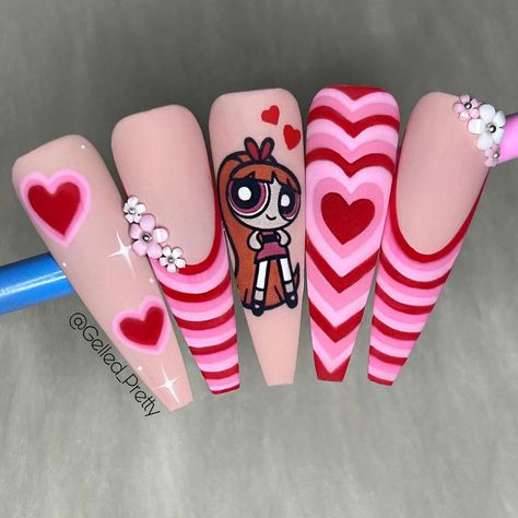 Blossom 💖 Powerpuff girls decals: @nail_decal_queen #nails #nailsofinstagram #nailstagram #gelnails #nailswag #instanails… | Instagram Power Puff Girls Nails, Blossom Powerpuff, Bedazzled Nails, Colourful Acrylic Nails, Character Nails, Vday Nails, Power Puff Girls, Queen Nails, Nails Fun