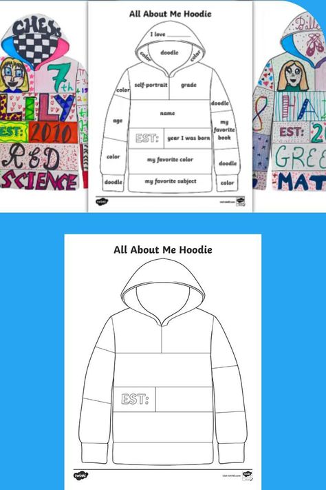 Back To School Crafts Upper Elementary, Hoodie Template Blank, All About Me Tshirt, All About Me Hoodie, All About Me Template, Classroom Icebreakers, All About Me Activity, Pe Board, Hoodie Template