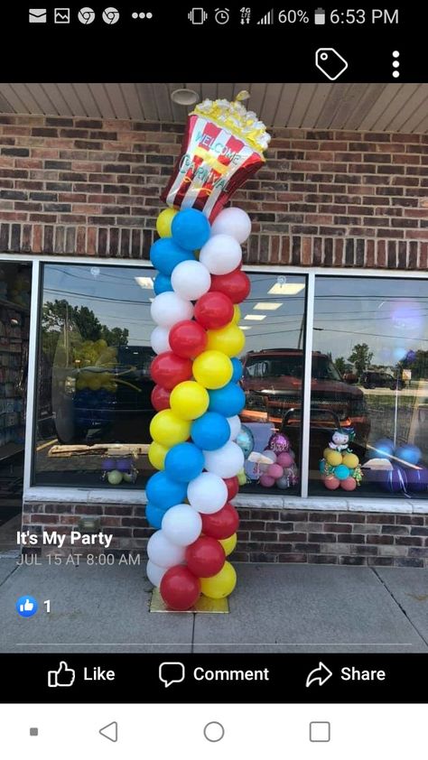 Circus Balloon Arch, Carnival Themed Balloon Arch, Traffic Cone Balloon Column, Popcorn Balloon Arch, Carnival Balloon Columns, Carnival Balloon Arch, Circus Balloon Columns, Popcorn Balloon, Carnival Entrance Arch