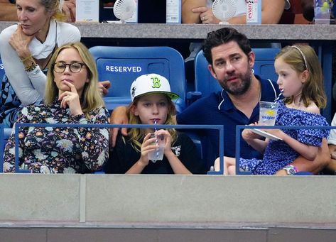 Emily Blunt and John Krasinski Make Rare Public Outing with Their 2 Kids at US Open John Krasinski Kids, 2 Daughters, Edge Of Tomorrow, Blue Floral Print Dress, John Krasinski, Billie Jean King, Celebrity Moms, Two Daughters, British Actresses