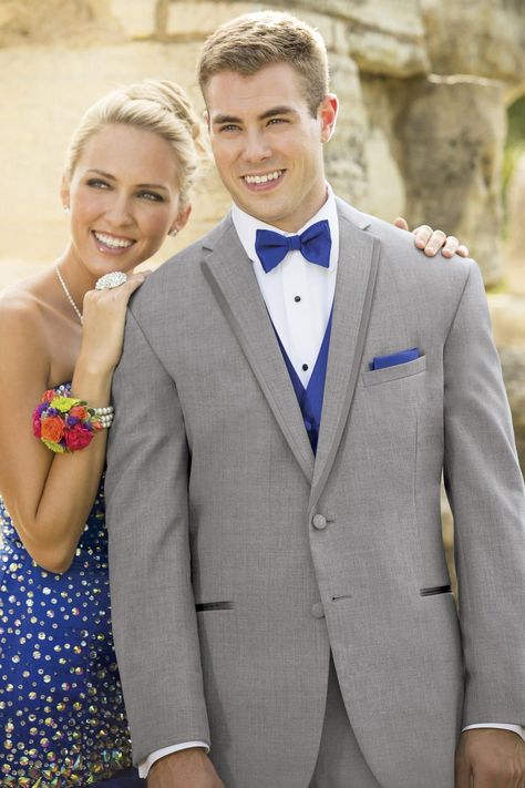 Royal Blue Prom Dress And Tux Grey Suits, Grey Tux Prom, Grey Prom Tuxedo, Prom Tuxedo Ideas, Tuxedo Ideas, Grey Tux, Tuxedo Styles, Prom Tux, Tuxedo Prom