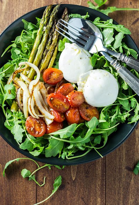 Roasted Vegetable Burrata Salad Salad With Burrata, Roasted Veggie Salad, Burrata Salad, Burrata Cheese, Roasted Vegetable, Veggie Salad, Roasted Asparagus, Vegetarian Meal, Grape Tomatoes