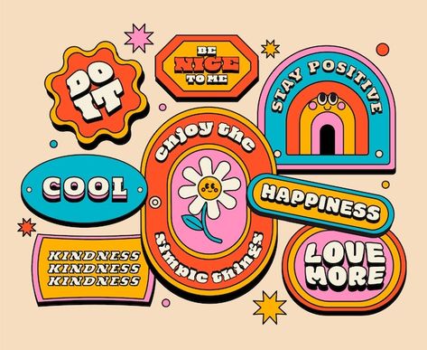 Hippie Lettering, 70s Stickers, 60s Logo, Cute Logo Design, Stickers Images, Retro Stickers, Retro Logo Design, 70s Design, Logo Retro