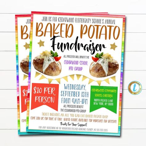 EDITABLE Loaded Baked Potato Fundraiser Flyer, School Pto Pta, Church Community Chairty Benefit Event, Adoption Dinner, DIY TEMPLATE - Etsy Fundraiser Dinner Ideas, Unique Fundraising Ideas, Baked Potato Dinner, Baked Potato Bar, Church Fundraisers, Church Community, School Pto, Potato Bar, Fundraiser Flyer