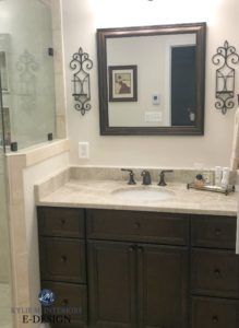 Bathroom vanity, travertine tile and countertop, espresso, dark wood, Benjamin Moore Ballet White cream. Kylie M INteriors Edesign, online paint color expert blog Benjamin Moore Ballet White, Ballet White Benjamin Moore, Cream Tiles, Benjamin Moore Bedroom, Ballet White, Kylie M Interiors, Bathroom Wall Colors, Light Paint Colors, Wood Floor Bathroom