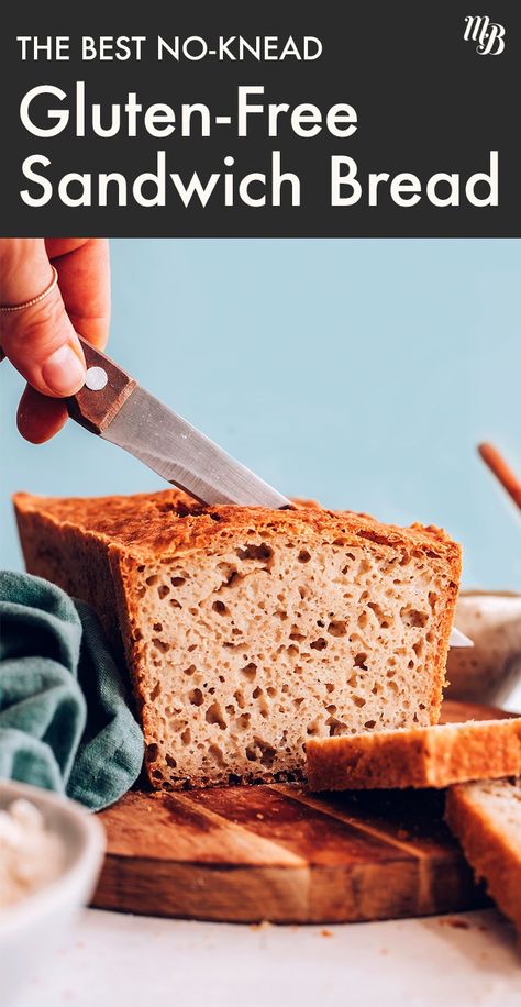 Today we're bringing you the BEST Easy Vegan and Gluten-Free Bread recipe you'll ever try! It's CRUSTY on the outside, SOFT on the inside, soooo versatile, and the kicker: NO KNEADING required! We weren't lying when we said it's truly the best! Gluten Free Sandwich Bread Recipe, Gluten Free Sandwich Bread, Sandwich Bread Recipe, Best Gluten Free Bread, Gluten Free Sandwiches, Gf Food, Gluten Free Recipes Bread, Minimalist Baker, Gf Bread