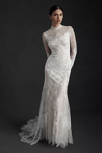 Long Sleeve Wedding Dresses & Gowns | Anthropologie 1970 Wedding Dress Vintage, Wedding Dresses Unique Nontraditional, Turtle Neck Wedding Dress, Bride Things, Bhldn Wedding Dress, Sheath Wedding Gown, High Neck Wedding Dress, Anthropologie Wedding, Long Sleeve Wedding Dress Lace