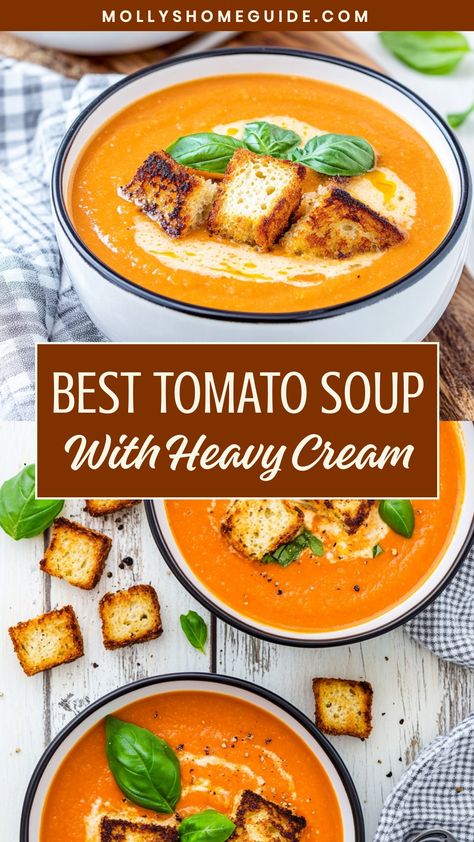 Indulge in the rich, velvety goodness of homemade tomato soup with heavy cream. This classic comfort dish is perfect for chilly days or whenever you crave a cozy meal. The combination of ripe tomatoes and creamy heavy cream creates a luscious soup that will warm you from the inside out. Make a big batch to enjoy throughout the week or serve it alongside your favorite grilled cheese sandwich for the ultimate comfort food experience. Recipe With Heavy Cream Dinner, Tomato Soup Recipe Creamy, Cream Of Tomatoes Soup, Half Baked Harvest Tomato Soup, Tomato Cream Soup Recipe, Tomato Soup With Heavy Cream, Dress Up Tomato Soup, Tomato Creamy Soup, Quick Homemade Tomato Soup