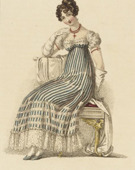 Fashion Plate (Evening Dress) | LACMA Collections 1816 Regency Evening Dress, 1819 Fashion, 1810s Fashion, Regency Gown, Regency Era Fashion, 1800s Fashion, Regency Dress, Regency Fashion, Georgian Era