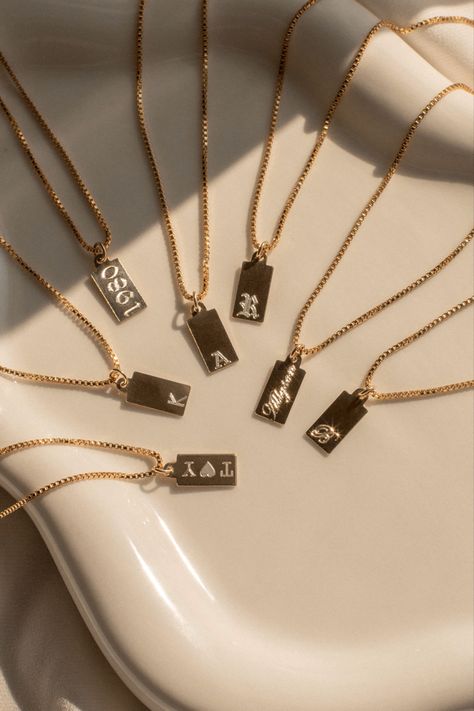 Chain Texts, Gold Tag Necklace, Engravable Necklace, Gold Engraved Necklace, Lots Of Hearts, Custom Engraved Necklace, Engraved Bar Necklace, Gold Engraving, Meaningful Jewelry