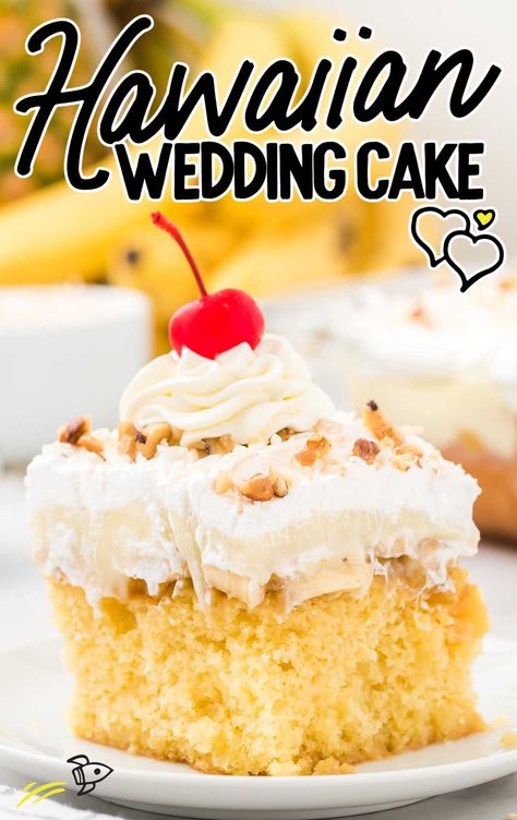 a slice of Hawaiian wedding cake topped with walnuts, cool whip, and a cherry on a plate Hawaiian Wedding Cake Recipe, Hawaiian Wedding Cake, Hawaiian Desserts, Hawaiian Cake, Fluffy Frosting, Banana Pudding Cake, Wedding Cake Recipe, Poke Cakes, Vanilla Cake Recipe