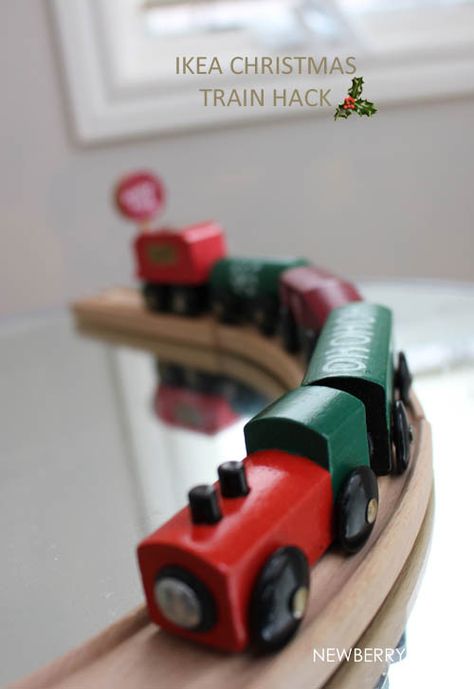 Hack the IKEA kid's train set to create a holiday train set straight for the North Pole! Simply use the IKEA train set and paint with craft paints. Spray with a clear coat to protect them and let the kids play with the decorations. #christmas #train #ikeahack Christmas Decorations With Kids, Ikea Train Set, Christmas Crafts With Kids, Ikea Train, Crafts With Kids, Designing Home, Holiday Train, Ikea Kids, Scandi Christmas