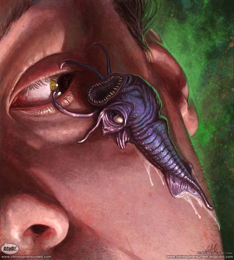 An Illithid tadpole prepares to enter a human. Deep Gnome, Monster Artwork, Mind Flayer, Beast Creature, D D Monsters, Dragon Rpg, Forgotten Realms, Creature Artwork, Dnd Monsters