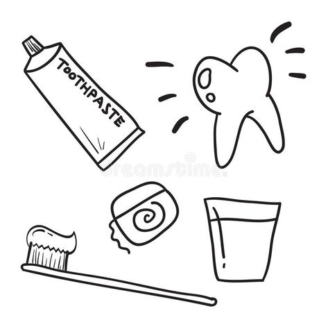 Hand drawn dental care toothpaste, teeth symbol vector icon royalty free illustration Toothpaste Tattoo, Toothbrush Sketch, Brushing Teeth Drawing, Toothpaste Drawing, Teeth Doodle, Tooth Doodle, Toothbrush Drawing, Jean Custom, Lines Illustration