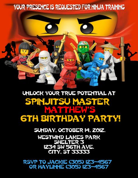 Ninjago Birthday invitation. Created on photoshop. Can customize for your party! Lego Ninja Birthday Party, Ninja Birthday Party Invitations, Lego Birthday Invitation, Ninjago Invitations, Ninjago Images, Ninja Birthday Invitations, Lego Birthday Invitations, Ninja Birthday Party, Lego Ninjago Party