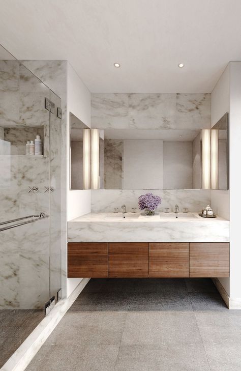 white marble + wood + concrete floor #bathroom Marble And Wood Bathroom, New York City Apartment Luxury, Bathroom Concrete Floor, New York City Apartments, White Marble Bathrooms, House Bathrooms, Concrete Bathroom, Apartment Luxury, Master Ensuite