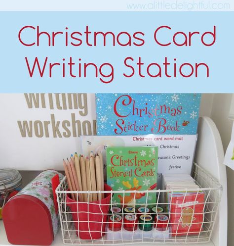 Christmas Card Writing Station - Looks MUCH nicer than the grocery bag I am using and shoving everything in... :-) December Centers, Writing Center Preschool, Christmas Cards Wording, Christmas Card Writing, Christmas Literacy, December Lessons, Stencil Cards, Card Writing, Christmas Preschool