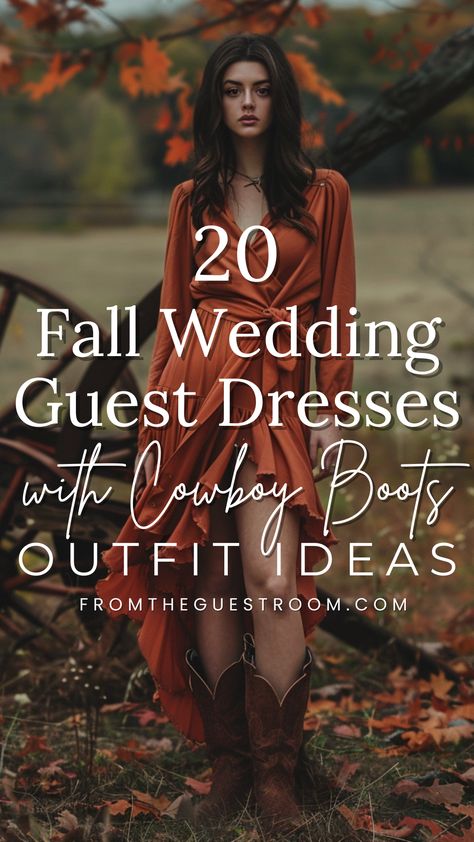 a woman wears fall wedding guest dress and cowboy boots, western outfits Fall Wedding Guest Dress Outdoor Cold, Bohemian Dress For Wedding Guest, Western Attire Wedding Guest, Wedding Guest Dress For Cold Weather, Fall Country Wedding Dresses Guest, Western Wear For Wedding, Burnt Orange Dress With Boots, Lace Dress And Cowboy Boots, Country Themed Bridesmaid Dresses