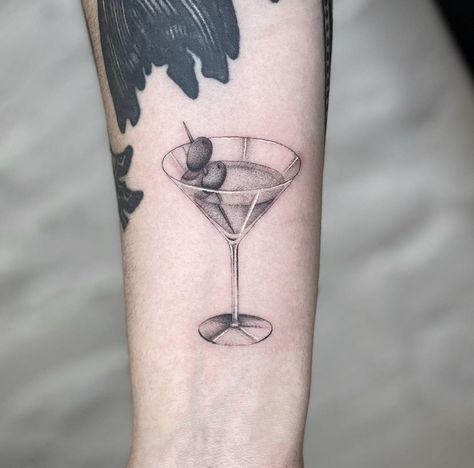 American Traditional Martini Tattoo, Martini Tattoo Design, Coupe Glass Tattoo, Dirty Martini Tattoo, Glass Slipper Tattoo, Martini Glass Tattoo, Martini Tattoo, Cocktail Tattoo, Speakeasy Tattoo