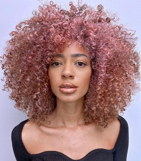 Voluminous Rose Gold Curls Purple Natural Hair, Pink Curly Hair, Rose Gold Hair Dye, Rose Pink Hair, Pastel Pink Hair Color, Gold Hair Colors, Hair Color Rose Gold, Pastel Pink Hair, Natural Curls Hairstyles