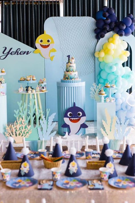 Kara's Party Ideas Baby Shark Do- Do- Do Party | Kara's Party Ideas Shark Desserts, Baby Shark Cake, Panel Backdrop, Shark Birthday Cakes, Modern Panel, Baby Shark Birthday, Shark Themed Birthday Party, Cake Custom, Baby Bash