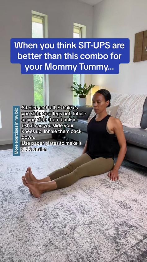 Mommy Tummy Combo that’s harder than it looks… This move forces you to use your lower abs. Look, if when you do a sit-up you can’t keep your stomach from bulging out, then sit-ups aren’t for you until your deep core is stronger. This move will help strengthen your deep core. #diastasisrectiexercises #newmoms #mommytummy #diastasisabdominal #diastasis #diastasisrectiworkouts #diastasisrecti #newmommy #newmom | Mommy Mango | Postpartum Deep Core, Beginner Ab Workout For Women Postpartum, Sitting Abdominal Exercises, Sit Down Ab Exercises, Core Workout For Lower Back Pain, Post Partum Tummy Workouts, Postpartum Abs Workout, Deep Core Before And After, Core Repair Workout