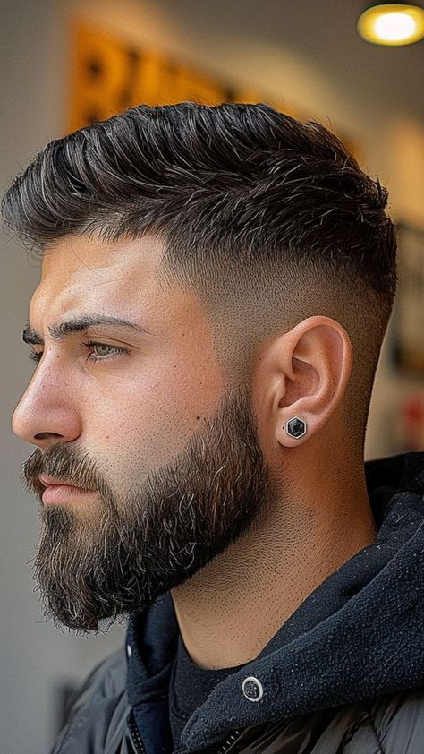 22 Mid-Fade Haircuts That Add a Touch of Sophistication Hair Style With Beard Look, Man Hair And Beard Style, Best Hairstyles With Beard, Mid Fade Haircut Men With Beard, Haircut And Beard For Men, New Fade Haircuts, V Shape Beard Styles For Men, Hairstyle With Beard For Men, Mid Fade With Beard