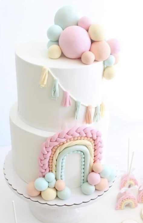 First Birthday Cake Pastel Colors, Two Tier Pastel Rainbow Cake, 1st Birthday Cake Pastel Colors, Birthday Cake Rainbow Pastel, Pastel 1st Birthday Cake, Pastel First Birthday Cake, Rainbow First Birthday Party Girl, Ms Rachel Birthday Cake, Pastel Rainbow Baby Shower Ideas