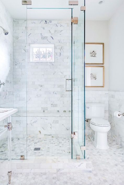 10 Walk-In Shower Ideas That Wow | Sarah Sarna | A Lifestyle Blog Frameless Glass Shower Enclosure, Marble Bathroom Floor, Styl Hampton, White Marble Bathrooms, Marble Floors, Glass Shower Enclosures, Bad Inspiration, Master Bath Remodel, Dream Bathrooms