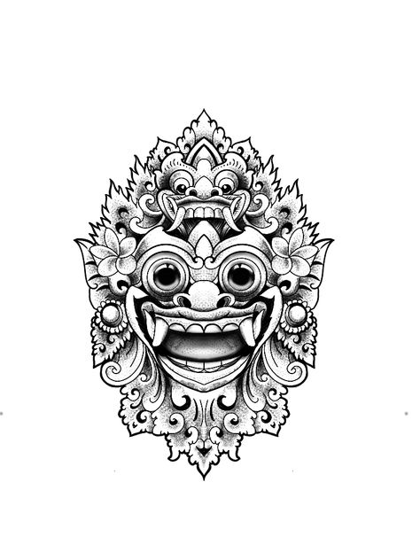 Balinese Mask Tattoo, Mask Back Tattoo, Indonesian Tattoo Traditional, Indonesian Tattoo, Barong Tattoo, Iban Tattoo, Bali Mask, Balinese Tattoo, Barong Bali