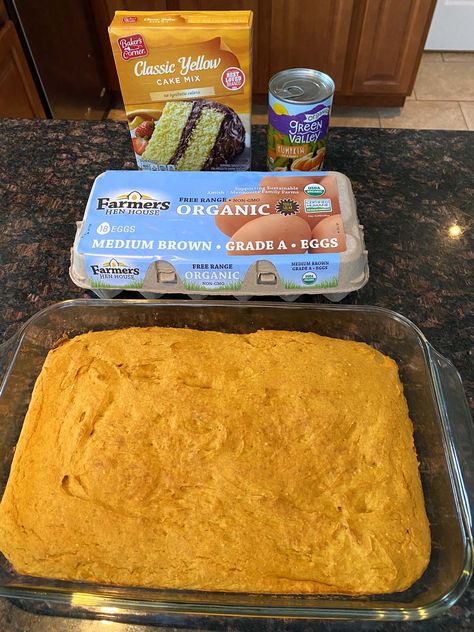 You'll love the flavor of this 3 Ingredient Pumpkin Dump Cake With Cake Mix. Just combine eggs, pumpkin puree, and cake mix for a delicious dessert that's perfect for fall. Easy Pumpkin Dump Cake Recipe, 3 Ingredient Pumpkin, Pumpkin Cake Mix, Yellow Cake Mix Recipes, Pumpkin Dump Cake Recipe, 3 Ingredient Recipe, 3 Ingredient Cakes, Easy Dump Cake Recipe, Pumpkin Dump