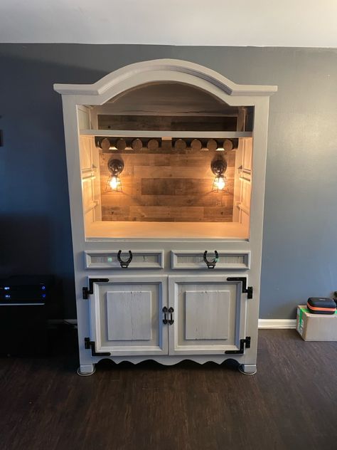 Re-imagined tv armoire. Entertainment Center To Coffee Bar, Repurposing Entertainment Center Ideas, Repurpose Armoire Ideas, Repurpose Armoire, Tv Armoire Repurposed, Repurposed Armoire Ideas, Kitchen Armoire, Armoire Repurpose, Furniture Remake