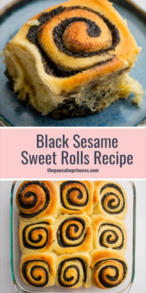 Make your morning special with black sesame sweet rolls. This recipe turns your usual rolls into something new and exciting. If you like trying different flavors, you'll love these rolls for your breakfast or even as a black sesame dessert after dinner. My black sesame rolls recipe shows you how to mix the deep, nutty flavor of black sesame into the soft, sweet bread you love. Especially if you're into trying unique cinnamon roll flavors, you'll love these! Sesame Rolls Recipe, Sesame Dessert, Black Sesame Dessert, Top Breakfast Recipes, Pancake Princess, Awesome French Toast Recipe, Black Sesame Paste, Baking For Beginners, Sesame Paste