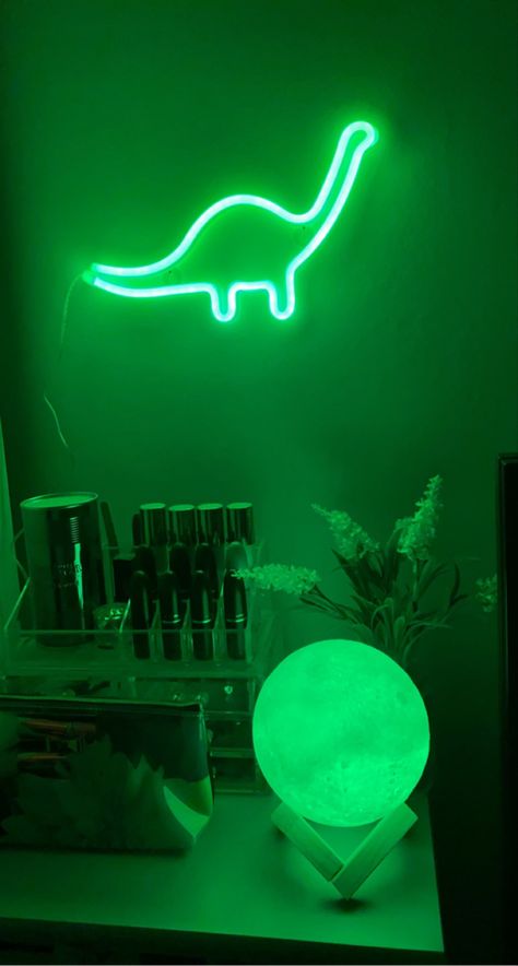 Cute green ambiance neon lights Green Led Room Aesthetic, Dinosaur Neon Sign, Green Dinosaur Aesthetic, Neon Green Room, Green Led Light Aesthetic, Green Led Lights Bedroom, Neon Green Bedroom, Green Dinosaur Wallpaper, Neon Green Wallpaper