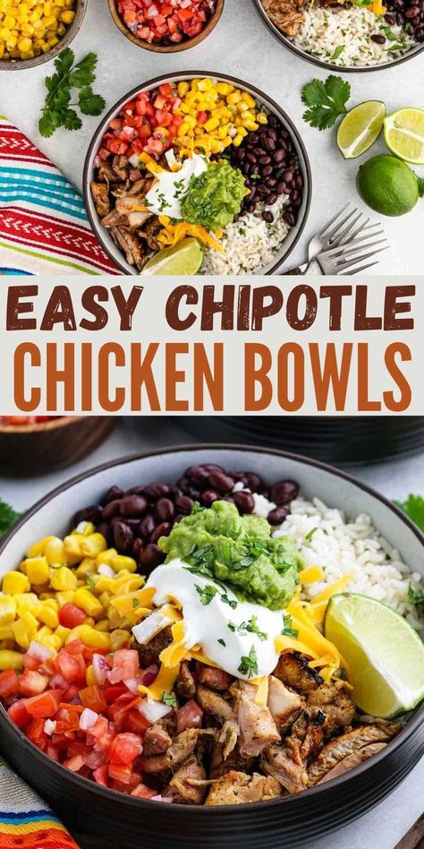 Enjoy your favorite chicken bowl with this simple Chipotle Chicken Bowls. Everyone can customize their bowl to their liking for the perfect meal. It does not get any easier than this copycat chipotle chicken bowl. Now, you can enjoy this delicious meal at home with very little work. The savings will really add up by making this yourself plus it tastes so delicious. #eatingonadime #chipotlebowls #easymeals Copycat Chipotle Chicken Bowl, Chicken Taco Bowl Recipe, Chipotle Chicken Copycat, Copycat Chipotle Chicken, Chipotle Chicken Bowl, Chipotle Copycat Recipes, Chipotle Burrito Bowl, Chipotle Recipes, Chicken Taco Bowls