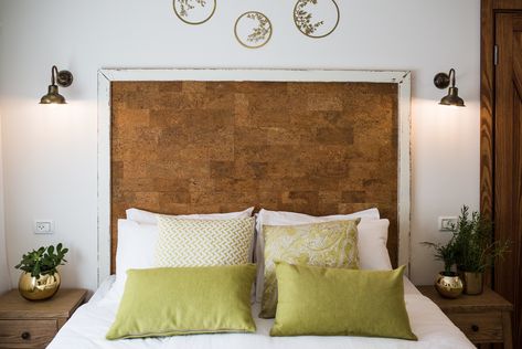 The headboard is made from #cork board and painted wood. #materialspotlight #bedroom Cork Headboard, Diy Bed Headboard, Diy Wall Decor For Bedroom, Golden Apple, Diy Headboard, Wood Bed Frame, Night Stands, Bedroom Headboard, Bed Wall