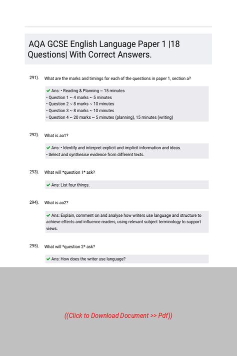 AQA GCSE English Language Paper 1 18 Questions With Correct Answers 
 Follow Link above to Download the document (pdf) English Language Paper 1, Aqa Gcse English Language, Gcse English Language, Online Classes, English Language, Texts, Writing