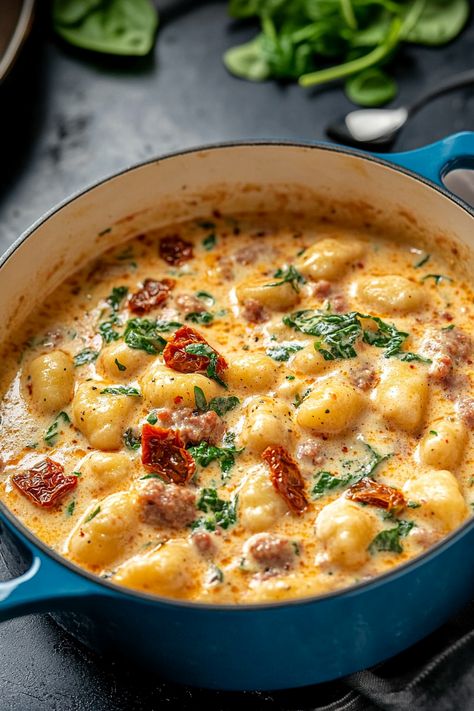 Creamy Chorizo Gnocchi Spicy Chorizo Soup, Lamb Chorizo Recipes, Gnocchi Chorizo Recipes, Creamy Chorizo Gnocchi, Wednesday Dinner Ideas Easy, Chorizo Links Recipes, Chorizo Gnocchi Recipe, Meals With Chorizo, Easy Fall Dishes