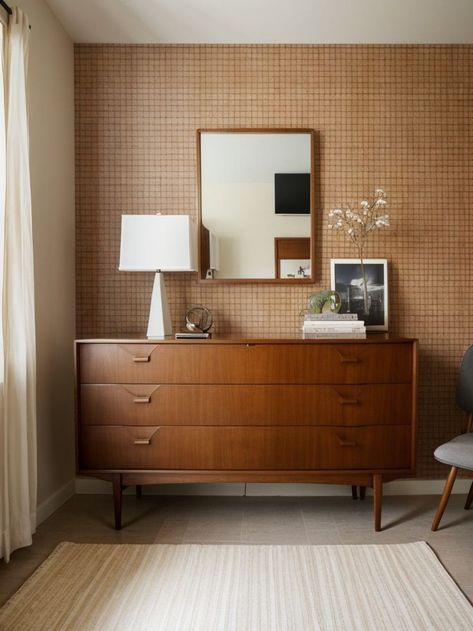 Mid Century Bedroom Accent Wall, Teak Accent Wall, Mid Century Modern Accent Wall Bedroom, Mid Century Modern Bedroom Wallpaper, 70s Mid Century Modern Bedroom, Mid Century Modern Wallpaper Accent Wall, Mcm Bedroom Decor, Mid Centry Modern Bedroom, Midcentury Bedroom Ideas Master