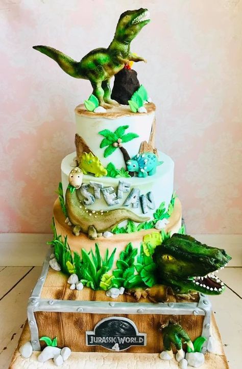 Birthday Cake Two Tier, Dinosaur Jurassic World, Cake Two Tier, Jurassic World Cake, Dino Birthday Cake, 3rd Birthday Party For Boy, Dinosaur Birthday Cake, World Cake, Dino Cake