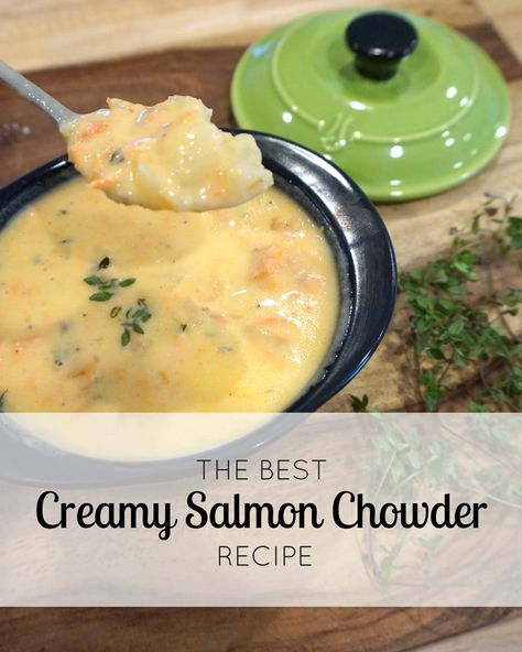 My family's famous salmon chowder recipe is up on my blog! Seriously so delish!! Creamy Salmon Chowder, Salmon Stew Recipe Southern, Salmon Chowder Crockpot, Salmon Stew Southern, Salmon Soup Recipes, Salmon Chowder Recipe Easy, Southern Suppers, Fish Recipes Healthy Tilapia, Salmon Stew Recipe