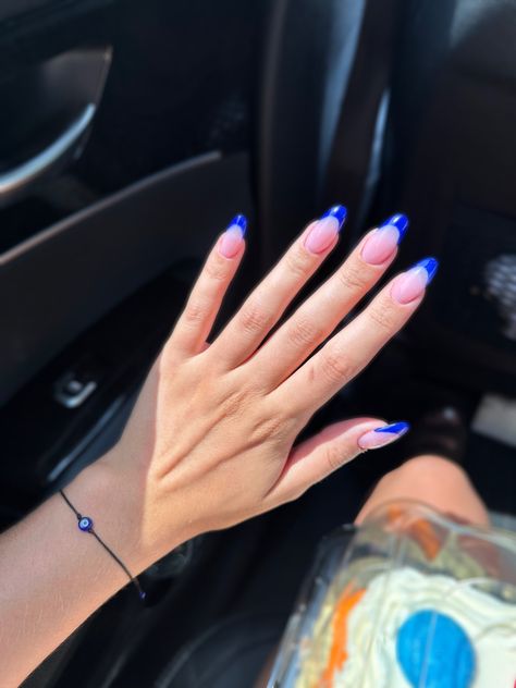 Electric blue french tip almond nails #frenchnails #almondnails #nails #bluenails #summernails #explore #nailinspo #naildesigns Electric Blue French Tips, French Bleu, Blue French Tips, Nail Patterns, Blue Pattern, Electric Blue, Almond Nails, Blue Nails, French Nails