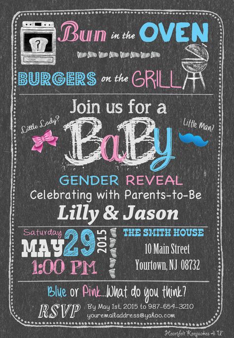 Gender Reveal Chalkboard Party Invitation Invite Baby Baby Bump Chalkboard, Gender Reveal Chalkboard, Burgers On The Grill, Chalkboard Party, Blue Gender Reveal, Bbq Baby Shower Invitations, Chalkboard Baby, Gender Reveal Ideas, Baby Reveal Party