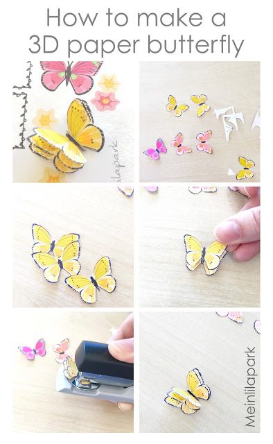 How to make a 3D paper butterfly: tutorial and free template | MeinLilaPark How To Make A 3d Butterfly, 3d Butterfly Template Free Printable, How To Make 3d Butterflies, 3d Butterfly Template, Paper Butterfly Tutorial, Butterflies Decorations, Diy Papillon, Diy Place Cards, Printable Butterfly