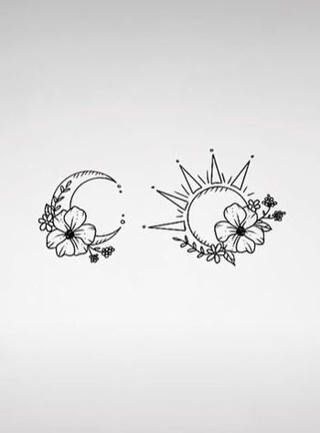 Floral Sun And Moon Tattoo Matching, Matching Tattoos Sisters Sun And Moon, Fine Line Sun And Moon Tattoo Matching, Matching Spine Tattoos For Best Friends, Sun Moon And Stars Tattoo Best Friends, Sun With Flowers Tattoo, Mom And Daughter Matching Tattoos, Matching Tattoos For Friends, Tiny Matching Tattoos