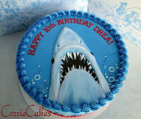 Shark Cake Jaws Cake Ideas, Jaws Birthday Cake, Jaws Cake, Sharknado Party, Nautical Birthday Cakes, Shark Pirate, Shark Week Party, Shark Birthday Cakes, Tractor Birthday Party