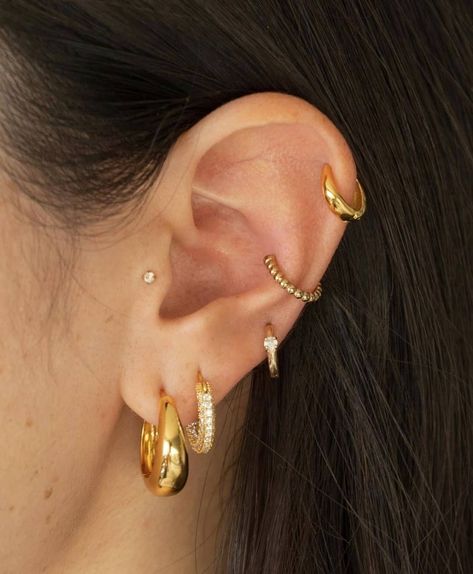 Luv Aj on Instagram: “@skincarestandard stacked like a pro in the Marbella Hoops, Pavè Amalfi Huggies + Geneva Huggies 💛 #LuvAjBabe” Dainty Fine Jewelry, Simple Setup, Luv Aj, Waterproof Jewelry, Marbella, Pierced Ears, Amalfi, Ear Piercings, Post Earrings