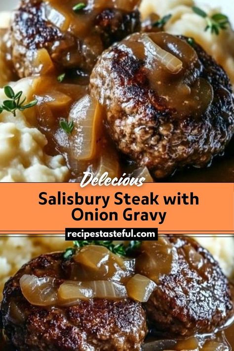 A comforting and savory dish featuring seasoned beef patties smothered in rich onion gravy, perfect for hearty dinners. Salisbury Steak With Onion Gravy, Beef Patties, Onion Gravy, Salisbury Steak, Hearty Dinner, Creamy Mashed Potatoes, How To Cook Steak, Salisbury, Wholesome Food